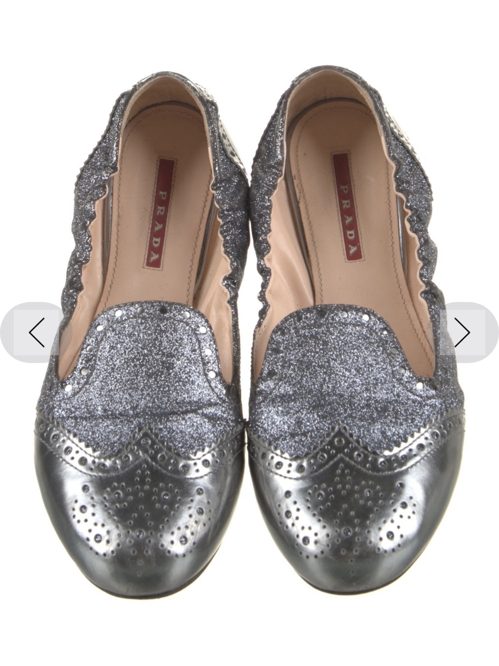 Prada Metallic Silver Glitter Brogue-Detail Loafers